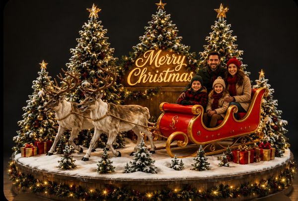 Family on a Sleigh pulled by Reindeer